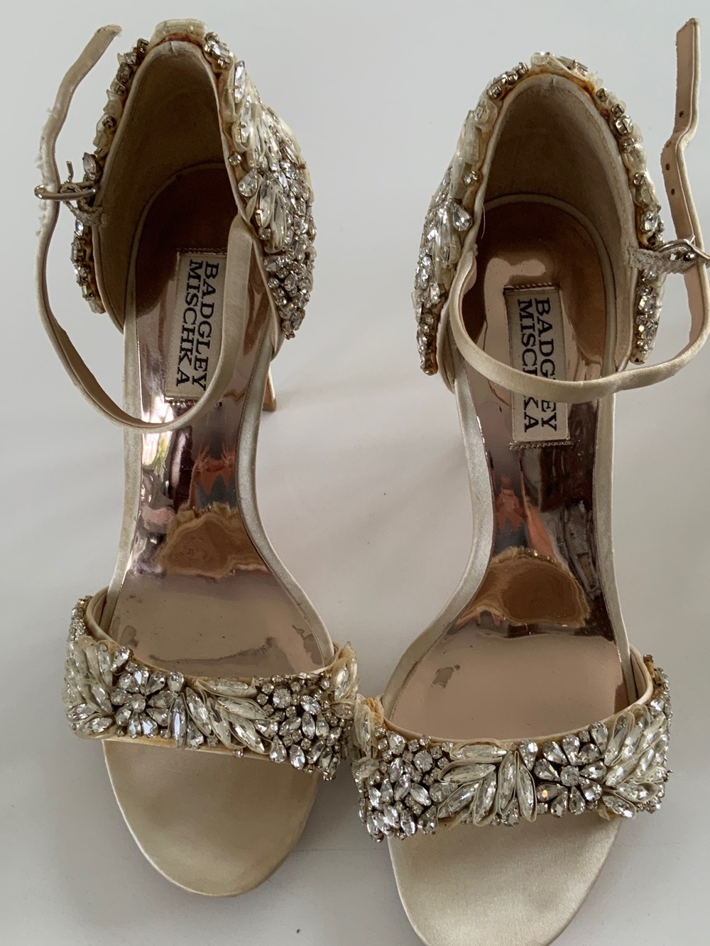 Badgley Mischka Ivory Satin Jeweled Ankle-Strap Heels